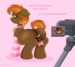 Size: 1361x1225 | Tagged: explicit, semi-grimdark, artist:aquaeagle, button mash, oc, oc:cream heart, abuse, anus, arm warmers, balls, bdsm, blushing, brony, butt, camera, chastity, chastity cage, child abuse, clothes, collar, colt, crossdressing, dialogue, earth pony, embarrassed, evening gloves, femboy, feminization, filming, fishnet clothing, fishnet stockings, foalcon, forced feminization, g4, genitals, gloves, humiliation, imported from derpibooru, incest, legwear, long gloves, male, mother, mother and child, mother and son, my little pony: friendship is magic, nudity, penis, plot, pony, porn star, shy, simple background, sissy, socks, solo, solo male, stockings, striped legwear, striped socks, striped stockings, taint, text, thigh highs