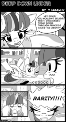 Size: 1042x1900 | Tagged: questionable, artist:tiarawhy, rarity, spike, twilight sparkle, age difference, angry, blank eyes, bookshelf, changeling, comic, cunnilingus, disguise, disguised changeling, dragon, eyebrows, eyelashes, female, foalcon, g4, golden oaks library, gritted teeth, horn, implied changeling, imported from derpibooru, indoors, leg in air, lying down, male, monochrome, not rarity, on floor, oral, raised hoof, sex, ship:sparity, shipping, shocked, shocked expression, shocked eyes, softcore, speech bubble, straight, teeth, trio, unicorn, wingless spike