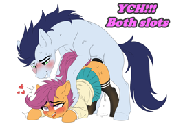 Size: 6700x5000 | Tagged: explicit, artist:star glowing, scootaloo, advertisement, age difference, ai composition, ai content, blushing, commission, commission open, dark genitals, duo, duo male and female, female, foalcon, g4, genitals, heart, heart eyes, imported from derpibooru, male, nudity, pegasus, penetration, penis, pony, sex, simple background, soarin', stallion, straight, sweat, vaginal, white background, wingding eyes, ych example, your character here