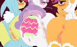 Size: 3021x1853 | Tagged: explicit, artist:dimwitdog, apple bloom, scootaloo, sweetie belle, animal costume, anus, blushing, bodypaint, bunny bloom, bunny costume, chicken suit, clitoris, close-up, clothes, costume, cutie mark crusaders, earth pony, female, foalcon, foreshortening, g4, genitals, human vulva, human vulva on pony, imported from derpibooru, labia, leotard, leotard aside, meme, nudity, paint on fur, pony, presenting, scootachicken, vulva
