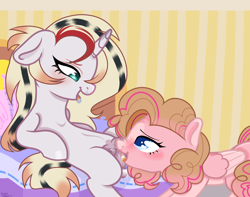 Size: 3951x3116 | Tagged: explicit, artist:sugar breeze, oc, oc:tootsy twirl, anatomically correct, anus, blank flank, blushing, commission, crotchboobs, cunnilingus, eye contact, eyelashes, eyeliner, eyeshadow, female, filly, filly on filly, foal, foalcon, horn, imported from derpibooru, lesbian, lidded eyes, looking at each other, looking at someone, makeup, nipples, nudity, oc only, oc x oc, open mouth, open smile, oral, pegasus, pegasus oc, ponut, pony, sex, shipping, show accurate, show accurate porn, smiling, tongue out, unicorn, unicorn oc, unnamed oc, vulva, ych result