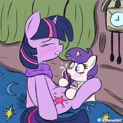 Size: 3072x3072 | Tagged: explicit, artist:juniverse, twilight sparkle, oc, oc:snowie aura, bed, bedroom, blowjob, blush lines, blushing, canon x oc, clock, clothes, colored, commission, cum, cumming, duo, female, filly, foal, foalcon, futa, futa on female, futa on filly, futa twilight sparkle, g4, genitals, horn, imported from derpibooru, intersex, licking, licking cock, nudity, on bed, oral, orgasm, penis, pony, scarf, sex, shipping, sketch, tongue out, twilight is a foal fiddler, unicorn, unicorn twilight
