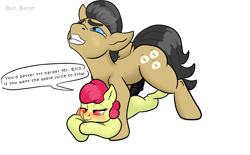 Size: 2000x1240 | Tagged: explicit, artist:bun_burst, apple bloom, age difference, blank flank, earth pony, female, filly, filthy rich, foal, foalcon, foaldom, g4, genitals, gritted teeth, horsecock, imported from derpibooru, male, nudity, penis, pony, sex, simple background, speech bubble, stallion, stallion on filly, straight, teeth, text, vulva, white background