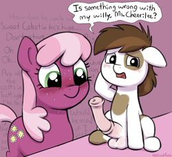 Size: 2331x2121 | Tagged: explicit, artist:heretichesh, balls, blushing, cheerilee, colt, duo, duo male and female, earth pony, eyes on the prize, female, foal, foalcon, g4, genitals, horsecock, imported from derpibooru, male, mare, nudity, penis, pipsqueak, pony, speech bubble, straight, straight shota, sweat, sweatdrops, teacher and student, text
