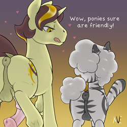 Size: 2560x2560 | Tagged: explicit, artist:multiverseequine, oc, oc:golden trim, oc:zeebs, afro, age difference, anus, balls, bedroom eyes, big penis, butt, colored, colt, dark genitals, dawn, derpibooru exclusive, dialogue, duo, duo male, erection, eyes on the prize, foal, foalcon, frog (hoof), gay, genitals, gradient background, hair over eyes, heart, high res, horn, horsecock, imminent sex, imported from derpibooru, larger male, licking, licking lips, male, medial ring, multicolored hair, nudity, oc only, oc x oc, open mouth, penis, plot, ponut, pony, poofy mane, poofy tail, puffy anus, raised hoof, rear view, reasonably sized balls, shipping, size difference, small balls, smaller male, smiling, stallion, stallion on colt, stripes, tail, tail wrap, text, tongue out, two toned mane, underhoof, unicorn, unicorn oc, wall of tags, white mane, zebra, zebra oc