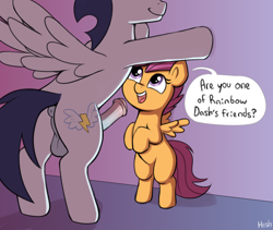 Size: 2800x2368 | Tagged: explicit, artist:heretichesh, scootaloo, anus, balls, bipedal, female, filly, foal, foalcon, g4, genitals, horsecock, imminent oral, imminent rape, imminent sex, imported from derpibooru, innocent, male, nudity, pegasus, penis, ponut, pony, ship:soarinloo, shipping, smiling, soarin', speech bubble, spread wings, stallion, straight, text, wingboner, wings