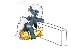 Size: 1754x1240 | Tagged: explicit, artist:bun_burst, oc, oc:tempest streamrider, age difference, balls, blowjob, bow, canon x oc, clitoris, commission, female, filly, foal, foalcon, g4, genitals, gritted teeth, hair bow, horn, horsecock, imported from derpibooru, male, nudity, oral, pegasus, penis, pony, pumpkin cake, sex, shipping, simple background, stallion, stallion on filly, straight, sucking, teeth, unicorn, vulva, white background