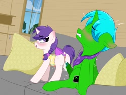 Size: 1159x875 | Tagged: explicit, artist:reinbou, oc, oc:green byte, oc:snowie aura, age difference, bandana, blushing, bow, clothes, couch, creampie, cum, duo, duo male and female, female, filly, foal, foalcon, horn, imported from derpibooru, indoors, male, oc only, one-piece swimsuit, penetration, pony, sex, stallion, stallion on filly, straight, swimsuit, swimsuit aside, tail, tail bow, unicorn, vaginal, vaginal creampie, window