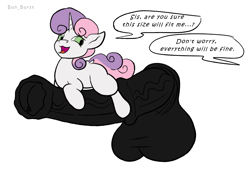 Size: 1754x1240 | Tagged: explicit, artist:bun_burst, sweetie belle, big penis, cock riding, female, filly, foal, foalcon, g4, genitals, horn, horsecock, hyper, hyper penis, implied rarity, implied sex, imported from derpibooru, impossibly large penis, nudity, penis, pony, simple background, text, unicorn, vein, veiny cock, white background