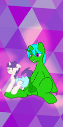 Size: 1488x2975 | Tagged: explicit, artist:joeydr, oc, oc:green byte, oc:snowie aura, abstract background, age difference, bow, clean diaper, diaper, diaper fetish, diaper grinding, diapered, duo, female, fetish, filly, foal, foalcon, horn, imported from derpibooru, male, oc only, pony, stallion, stallion on filly, straight, tail, tail bow, unicorn