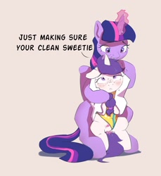 Size: 2348x2568 | Tagged: explicit, artist:drafthoof, twilight sparkle, oc, oc:snowie aura, alicorn, clothes, duo, female, filly, foal, foalcon, fowl, g4, genitals, grammar error, horn, imported from derpibooru, magic, magical stimulation, mare, nudity, one-piece swimsuit, pony, simple background, swimsuit, swimsuit aside, tan background, twilight is a foal fiddler, unicorn, vulva