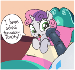 Size: 565x532 | Tagged: explicit, artist:myra, rarity, sweetie belle, bed, complaining, dialogue, duo, female, filly, foal, foalcon, futa, futa rarity, g4, genitals, horn, imminent sex, imported from derpibooru, in bed, incest, intersex, nudity, passepartout, penis, penis on face, pony, reacting to nudity, siblings, sisters, speech bubble, sweat, sweatdrop, unicorn