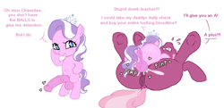 Size: 2089x1010 | Tagged: explicit, artist:myra, diamond tiara, age difference, anus, balls, big penis, bipedal, bully, cheerilee, derpibooru exclusive, dialogue, dubious consent, duo, earth pony, female, filly on mare, foal, foalcon, foaldom, futa, futa diamond tiara, futa filly, futa filly on mare, futa on female, futa on mare, g4, genitals, heart, imported from derpibooru, impossibly large penis, intersex, mare, mating press, nudity, on top, penetration, penis, plap, pony, reverse foalcon, rude, sex, simple background, student, talking, teacher, teacher and student, vaginal, white background