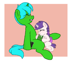 Size: 1355x1160 | Tagged: explicit, artist:myra, oc, oc:green byte, oc:snowie aura, age difference, blowjob, cock nursing, commission, cum, cum feeding, cumming, cumming in mouth, earth pony, eyes closed, female, filly, foal, foalcon, hoofjob, horn, imported from derpibooru, leaning back, male, oc only, oral, orgasm, passepartout, pony, sex, sitting, stallion, stallion on filly, straight, unicorn