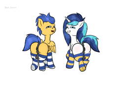 Size: 1754x1240 | Tagged: explicit, artist:bun_burst, shining armor, anus, ask:horny pony 18+, balls, clothes, crossdressing, duo, duo male, femboy, flash sentry, foal, foalcon, g4, gay, genitals, horn, horsecock, imminent sex, implied sex, imported from derpibooru, infidelity, male, nudity, pegasus, penis, pony, shining femboy armor, ship:shiningsentry, shipping, simple background, socks, stallion, striped socks, unicorn, white background