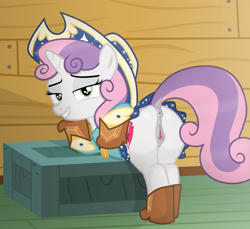 Size: 2400x2200 | Tagged: explicit, artist:chomakony, sweetie belle, anatomically correct, anus, bedroom eyes, butt, clitoris, clothes, clubhouse, cow belle, cowboy hat, crusaders clubhouse, derpibooru exclusive, dock, female, filly, foal, foalcon, g4, genitals, hat, heart, heart eyes, horn, imported from derpibooru, lidded eyes, looking at you, mare, my little pony: friendship is magic, nudity, on your marks, plot, ponut, pony, season 6, shoes, show accurate, show accurate porn, skirt, smiling, smiling at you, solo, solo female, tail, the cmc's cutie marks, underhoof, unicorn, upskirt, vaginal secretions, vulva, vulvar winking, wingding eyes