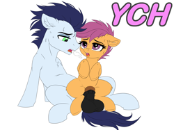 Size: 6700x5000 | Tagged: explicit, artist:star glowing, scootaloo, advertisement, age difference, ai composition, ai content, commission, commission open, duo, duo male and female, female, filly, foal, foalcon, g4, genitals, imported from derpibooru, male, nudity, pegasus, penetration, penis, pony, reverse cowgirl, sex, ship:soarinloo, shipping, simple background, soarin', stallion, straight, vaginal, white background, wingless, ych example, your character here