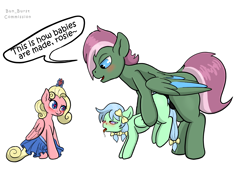 Size: 1754x1240 | Tagged: explicit, artist:bun_burst, oc, oc:crotus crib, oc:fluffy pastel, oc:rosegold, age difference, ahegao, blushing, bow, clothes, commission, dialogue, drool, female, ffm threesome, filly, foal, foalcon, group sex, hair bow, heart, heart eyes, imported from derpibooru, jewelry, lidded eyes, male, oc only, open mouth, pegasus, pigtails, pony, sex education, simple background, size difference, skirt, speech bubble, stallion, stallion on filly, straight, tail, tail bow, text, this will end in pregnancy, threesome, tiara, tongue out, white background, wingding eyes