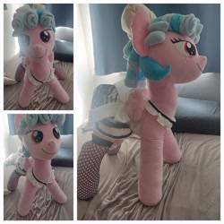 Size: 2880x2880 | Tagged: questionable, artist:lnzz, bed, clothes, cozy glow, cozybetes, crotchboobs, cute, dress, female, filly, fishnet clothing, fishnet stockings, foal, foalcon, g4, imported from derpibooru, indoors, irl, legwear, nipples, nudity, pegasus, photo, plushie, pony, ribbon, smiling, solo, solo female, stockings, thigh highs