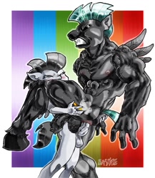 Size: 932x1074 | Tagged: explicit, artist:davide76, age difference, anal, anthro, balls, brothers, colt, colt on stallion, duo, duo male, eyes closed, femboy on male, foal, foalcon, g4, gay, genitals, gritted teeth, hairy balls, imported from derpibooru, incest, large penetration, male, muscles, muscular male, nipples, nudity, passepartout, pegasus, penetration, penis, pony, pubic hair, rainbow background, rumble, sex, ship:rumblelane, shipping, short mane, siblings, stallion, standing sex, suspended congress, teeth, thunderlane