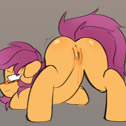 Size: 3000x3000 | Tagged: explicit, artist:19itsme87, scootaloo, anus, ass up, blushing, butt, cum, cumming, face down ass up, female, filly, floppy ears, foal, foalcon, g4, genitals, human vulva, human vulva on pony, imported from derpibooru, looking back, nudity, pegasus, plot, pony, presenting, presenting anus, presenting butt, presenting pussy, scootabutt, solo, solo female, vaginal secretions, vaginal secretions dripping, vulva