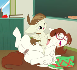 Size: 1500x1368 | Tagged: explicit, artist:fuf, oc, oc:sugar salt, age difference, anatomically correct, anus, apple, balls, book, canon x oc, chalkboard, classroom, clothes, colt, commission, cum, desk, duo, duo male and female, facial, featherweight, female, female orgasm, foal, foalcon, food, frog (hoof), g4, genitals, glasses, hands free, horsecock, imported from derpibooru, indoors, lying down, male, mare, nudity, on back, one eye closed, open mouth, orgasm, pegasus, penis, pony, scarf, shipping, signature, simultaneous orgasm, smiling, spread legs, spread wings, spreading, straight, straight shota, sweat, sweatdrops, underhoof, vaginal secretions, vulva, whiteboard, window, wings, younger male