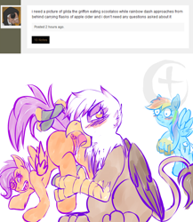 Size: 1280x1472 | Tagged: explicit, artist:argoth, rainbow dash, scootaloo, age difference, anus, ask, blushing, caught, cider, cunnilingus, drool, female, filly, foal, foalcon, g4, genitals, gilda, gildaloo, grabbing, griffon, imported from derpibooru, lesbian, looking back, nudity, oral, pegasus, ponut, pony, sex, simple background, surprised, tail, tail pull, tongue out, trio, trio female, tumblr, vaginal secretions, voyeurism, vulva, white background