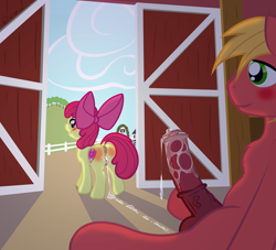 Size: 4000x3629 | Tagged: explicit, artist:vixkra, apple bloom, aftersex, age difference, anatomically correct, anus, applecest, barn, big macintosh, big penis, bloom butt, brother and sister, butt, butt blush, complex background, creampie, crotchboobs, cum, cum string, dock, duo, duo male and female, earth pony, erection, farm, female, filly, foal, foalcon, g4, genitals, glazed dick, horsecock, imported from derpibooru, incest, indoors, looking back, male, mare, nipples, nudity, penis, ponut, pony, ship:macbloom, shipping, siblings, sky, smiling, stallion, straight, tail, teats, vulva