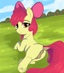 Size: 1274x1440 | Tagged: explicit, artist:cutelewds, apple bloom, anatomically correct, anus, bloom butt, butt, cloud, crotchboobs, dock, earth pony, female, filly, foal, foalcon, frog (hoof), full body, g4, genitals, grass, hoof heart, imported from derpibooru, looking at you, nipples, nudity, outdoors, plot, pony, sky, smiling, smiling at you, solo, solo female, tail, underhoof, vulva