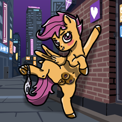 Size: 1024x1024 | Tagged: explicit, artist:background_pon3, scootaloo, billboard, blushing, clitoris, clothes, confident, crotchboobs, cyberpunk, dark crotchboobs, dark genitals, female, filly, foal, foalcon, g4, genitals, hooves, imported from derpibooru, looking at you, nipples, nudity, outdoors, panties, panties around leg, panties around legs, pegasus, shading, skyscraper, smiling, smiling at you, solo, solo female, spread wings, teats, underwear, vulva, wings