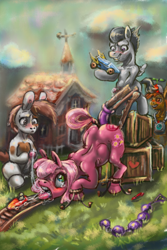 Size: 4000x6000 | Tagged: explicit, grimdark, artist:l, button mash, abuse, all the way through, anal beads, anal insertion, blushing, cheeribuse, cheerilee, colt, earth pony, female, foal, foalcon, forced, g4, genitals, imported from derpibooru, insertion, male, mare, nudity, outdoors, pegasus, penis, pipsqueak, pissing, pony, rape, rumble, sex, sex toy, tied down, urine