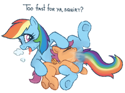 Size: 1065x790 | Tagged: explicit, artist:myra, rainbow dash, scootaloo, age difference, blank flank, blowjob, breath, deepthroat, dialogue, duo, facefuck, fast, female, filly, foal, foalcon, futa, futa on female, futa on filly, futa rainbow dash, g4, genitals, hoof on head, imported from derpibooru, intersex, lying down, mare, motion blur, nudity, on side, oral, pegasus, penis, pony, rainbow dash is a foal fiddler, sex, ship:scootadash, shipping, size difference, spread legs, spreading, talking, tongue out