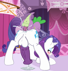 Size: 976x1024 | Tagged: explicit, artist:blargsnarf, rarity, spike, age difference, anal, anal creampie, anal orgasm, anus, ass up, balls, big penis, blushing, both cutie marks, butt, carousel boutique, creampie, cum, cum on floor, cum pool, cum while penetrated, cumming, dickgirl, dragon, dragon dick, dragon on pony action, dripping, dripping cum, duo, duo male and futa, edit, erection, excessive cum, eyes closed, face down ass up, foalcon, futa, futa edit, futa rarity, g4, genitals, gritted teeth, hands free, horn, horsecock, imported from derpibooru, impossibly large penis, indoors, intersex, interspecies, looking pleasured, male, male on futa, medial ring, nudity, orgasm, orgasm cumshot, penetration, penis, pleasure, plot, pony, raised tail, reverse foalcon, sex, ship:sparity, shipping, simultaneous orgasm, size difference, small dom big sub, sweat, tail, teeth, unicorn, wingless spike