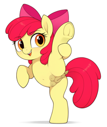 Size: 2550x3024 | Tagged: explicit, apple bloom, :d, ai composition, ai content, anatomically correct, anus, belly, belly button, bow, butt, crotchboobs, dock, earth pony, female, filly, foal, foalcon, frog (hoof), full body, g4, genitals, hair bow, holding leg, imported from derpibooru, looking at you, nipples, nudity, open mouth, open smile, plot, pony, simple background, smiling, solo, solo female, splits, standing, standing on one leg, standing splits, tail, teeth, underhoof, vulva, white background