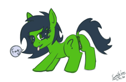 Size: 2346x1537 | Tagged: explicit, artist:neumaghanon, oc, oc:filly anon, anus, ass up, autograph, butt, clitoris, date, earth pony, female, filly, foal, foalcon, genitals, green eyes, green fur, imported from derpibooru, nudity, plot, ponut, pony, presenting, presenting pussy, simple background, speech bubble, tongue out, vulgar, vulva, vulvar winking, white background