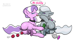 Size: 1754x1053 | Tagged: explicit, artist:bun_burst, diamond tiara, silver spoon, anal, anal insertion, bondage, bound together, buttplug, collar, colt, colt on colt, commission, daddy kink, dialogue, diamond crown, dildo, duo, earth pony, english, foal, foalcon, g4, gay, gay kiss, genitals, horsecock, imported from derpibooru, insertion, intersex, kissing, linked collars, male, nudity, penetration, penis, pony, rule 63, sex, sex toy, short mane, silver platter, silverdom, simple background, white background