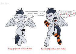 Size: 1754x1240 | Tagged: explicit, artist:bun_burst, age difference, balls, brothers, clothes, colt, erection, eyelashes, femboy, foal, foalcon, g4, gay, genitals, horny, horsecock, imminent incest, imminent sex, implied gay, implied incest, implied sex, implied shipping, implied thunderlane, imported from derpibooru, incest, male, malesub, nudity, pegasus, penis, pony, rumble, sex request, ship:rumblelane, shipping, sibling incest, siblings, simple background, size difference, smaller male, socks, stallion, stallion on colt, striped socks, submissive, text, white background, younger male