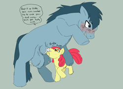 Size: 2118x1540 | Tagged: explicit, artist:mushroompup, apple bloom, oc, age difference, balls, blowjob, blushing, canon x oc, cock nursing, creampie, cum, cum feeding, cum in mouth, dialogue, dubious consent, duo, duo male and female, earth pony, earth pony oc, female, filly, foal, foalcon, g4, genitals, imported from derpibooru, male, nudity, oblivious, onomatopoeia, open mouth, open smile, oral, oral creampie, penis, pony, raised hoof, sex, sexually oblivious, shipping, simple background, smiling, speech bubble, stallion, stallion oc, stallion on filly, straight, tail