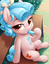 Size: 1616x2088 | Tagged: explicit, ai composition, ai content, alternate version in the description, anatomically correct, belly, belly button, bench, bow, bush, butt freckles, cozy glow, crotchboobs, delicious flat crotch, eating, female, filly, foal, foalcon, food, freckles, g4, generator:pony diffusion v6 xl, generator:zoinksnoob, genitals, grass, high angle, holding, holding food, imported from derpibooru, looking at you, looking up, looking up at you, melting, melting popsicle, messy, nipples, nudity, outdoors, pegasus, pony, popsicle, prompter:antedown, shadow, side view, sitting, solo, solo female, sucking, sweat, tail, teats, tongue out, vulva, wings