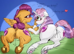 Size: 3692x2697 | Tagged: explicit, artist:potatos, scootaloo, sweetie belle, blushing, both cutie marks, butt, dialogue, drool, drool string, duo, duo female, female, filly, foal, foalcon, g4, genitals, heart, heart eyes, hoof heart, horn, imported from derpibooru, lesbian, looking at each other, looking at someone, lying down, nudity, pegasus, plot, pony, prone, ship:scootabelle, shipping, underhoof, unicorn, vaginal secretions, vulva, wingding eyes