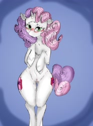 Size: 2957x4000 | Tagged: explicit, artist:potatos, sweetie belle, bipedal, blushing, both cutie marks, clitoral hood, female, filly, foal, foalcon, g4, genitals, horn, human vulva, human vulva on pony, imported from derpibooru, nudity, pony, simple background, unicorn, vulva, wide hips