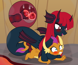 Size: 3757x3121 | Tagged: explicit, artist:badumsquish, oc, series:smolder's scandalous sex life, alternate version, blushing, broodmare, broodmother, canon x oc, cervical penetration, cervix, demon, demon pony, derpibooru exclusive, doggy style, dominant, dragon, dragon lands, dubious consent, egg, female, fish eggs, foalcon, from behind, frown, futa, futa oc, futadom, g4, genitals, grin, gritted teeth, horns, imported from derpibooru, impregnation, intersex, interspecies, lava, lava pool, long mane, lying down, magmaid, mare, merpony, monster pony, nudity, open mouth, open smile, original species, outdoor sex, outdoors, oviposition, ovipositor, penis, pinned, pregnant, prehensile tail, prone, red and black oc, red mane, seapony, sex, sharp teeth, shipping, show accurate, show accurate porn, smiling, smoke, smolder, surprised, tail, tail hold, teenaged dragon, teeth, uterus, volcano, wall of tags, womb penetration, x-ray