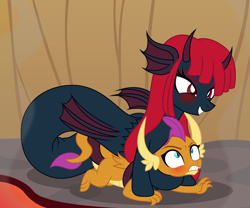 Size: 3757x3121 | Tagged: explicit, artist:badumsquish, oc, series:smolder's scandalous sex life, blushing, broodmare, broodmother, canon x oc, demon, demon pony, derpibooru exclusive, doggy style, dominant, dragon, dragon lands, dubious consent, female, foalcon, from behind, frown, futa, futa oc, futadom, g4, genitals, glare, grin, gritted teeth, horns, imported from derpibooru, intersex, interspecies, lava, lava pool, long mane, lying down, magmaid, mare, merpony, monster pony, nudity, original species, outdoor sex, outdoors, ovipositor, penis, pinned, prehensile tail, prone, red and black oc, red mane, seapony, sex, sharp teeth, shipping, show accurate, show accurate porn, smiling, smirk, smoke, smolder, tail, tail hold, teenaged dragon, teeth, volcano
