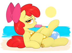 Size: 2816x2064 | Tagged: suggestive, apple bloom, ai composition, ai content, aside glance, beach, beach ball, belly, belly button, bikini, blushing, bow, clothes, earth pony, female, filly, foal, foalcon, food, full body, g4, golden bikini, golden week, hair bow, imported from derpibooru, looking at you, looking sideways, lying down, mouth hold, ocean, on back, pony, popsicle, solo, solo female, sun, swimsuit
