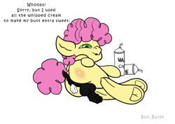 Size: 1754x1240 | Tagged: explicit, artist:bun_burst, anus, butt blush, colt, earth pony, foal, foalcon, food, g4, genitals, horsecock, imminent sex, imported from derpibooru, li'l cheese, looking at you, looking over shoulder, male, nudity, penis, ponut, pony, presenting, simple background, solo, text, trap, whipped cream, white background