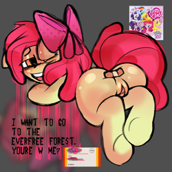 Size: 3000x3000 | Tagged: explicit, artist:19itsme87, apple bloom, applejack, fluttershy, pinkie pie, rainbow dash, rarity, twilight sparkle, blushing, bow, butt blush, earth pony, female, filly, flirting, floppy ears, foal, foalcon, g4, genitals, hair bow, imported from derpibooru, looking at you, looking back, looking back at you, lying down, mane six, nudity, pony, prone, smiling, vaginal only, vent art, vulva