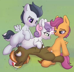 Size: 3300x3206 | Tagged: explicit, artist:dumbwoofer, button mash, scootaloo, sweetie belle, ball licking, balls, bisexual, bisexual male, colt, colt on colt, colt on filly, commission, cowgirl position, creampie, crotchboobs, cum, cumming, earth pony, erection, female, filly, foal, foalcon, foursome, from front, fucked sideways, g4, gay, genitals, grass, grass field, group sex, hands free, holding hooves, horn, imported from derpibooru, licking, magic, magical stimulation, male, mmff foursome, nipples, nudity, oral, orgasm, partner swapping, pegasus, penetration, penis, pony, romantic, rumble, sex, ship:rumbloo, ship:sweetiemash, shipping, sideways, simultaneous orgasm, straight, swingers, teats, unicorn, vaginal, vaginal creampie, vaginal orgasm, vaginal secretions, vulva