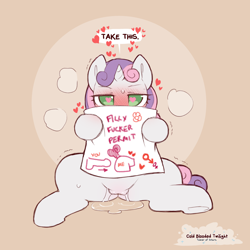 Size: 1200x1200 | Tagged: explicit, artist:cold-blooded-twilight, sweetie belle, anatomically correct, aroused, bedroom eyes, blushing, clitoris, dialogue, drawing, emanata, female, female symbol, filly, foal, foalcon, g4, genitals, heart, heart eyes, horn, implied sex, imported from derpibooru, looking at you, male symbol, nudity, pictogram, pony, seductive, seductive look, shaking, signature, sitting, solo, solo female, speech, speech bubble, spread legs, spreading, sweat, talking, talking to viewer, text, unicorn, vaginal secretions, vaginal secretions puddle, vulva, wingding eyes