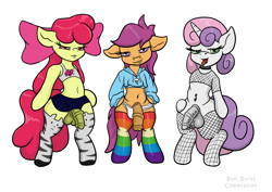 Size: 1754x1240 | Tagged: explicit, artist:bun_burst, apple bloom, scootaloo, sweetie belle, applebuck, balls, belly, belly button, belly piercing, clothes, colt, commission, crossdressing, cutie mark crusaders, earth pony, femboy, foal, foalcon, g4, gay, genitals, horn, horsecock, imported from derpibooru, male, nudity, pegasus, penis, piercing, rainbow socks, rule 63, scooteroll, semi-anthro, silver bell, simple background, socks, striped socks, tongue out, tongue piercing, trio, unicorn, white background