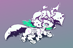 Size: 1422x946 | Tagged: questionable, artist:impamy, oc, oc:billy (impamy), acid, blotter, changeling, changeling oc, changeling queen, changeling queen oc, crotchboobs, crying, drool, drug use, drugged, drugs, eyes closed, fangs, female, filly, foal, foalcon, frog (hoof), gradient background, heart ahoge, imported from derpibooru, intoxicated, lying down, nipples, nudity, oc only, on side, open mouth, pixel-crisp art, shaking, solo, solo female, sweat, teats, underhoof, wings